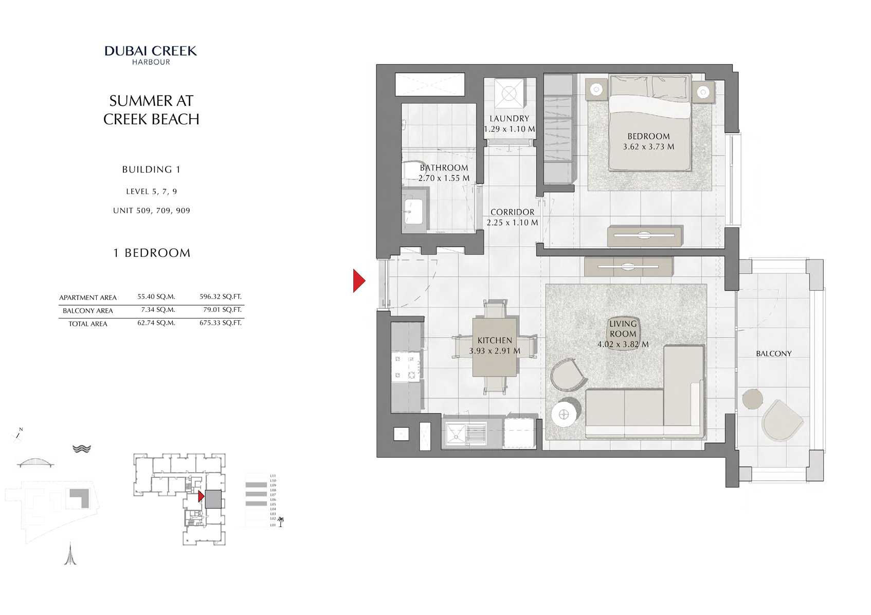 1 Br Building 1 Level-5-7-9 Unit 509-709-909, Size 675 Sq Ft